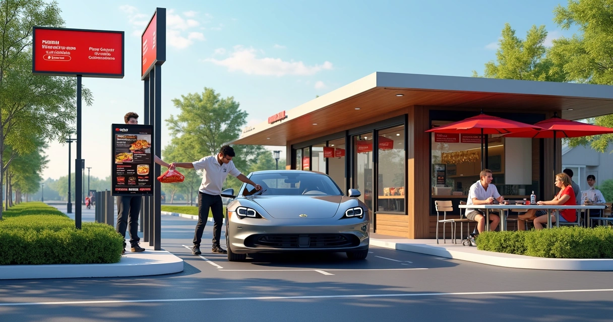 Veículo em drive-thru fazendo pedido em restaurante com atendimento rápido e area externa organizada 