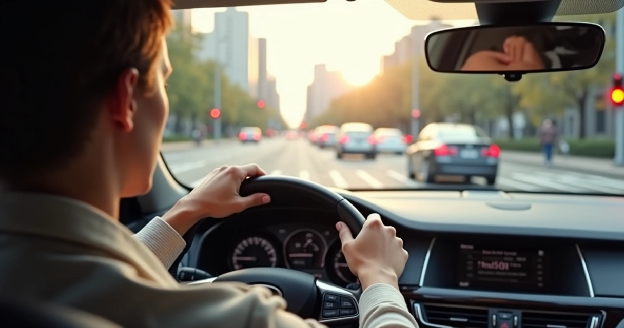 Driver pausing at a red light with relaxed hands on the steering wheel