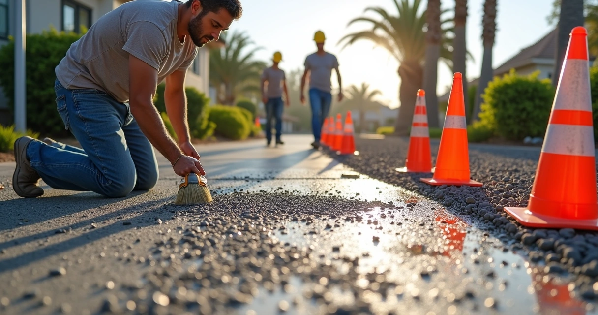 Contractors installing exposed aggregate driveway. 