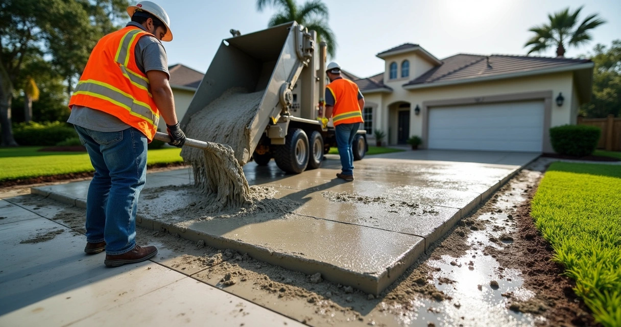 Workers pouring thick concrete driveway in Florida home 
