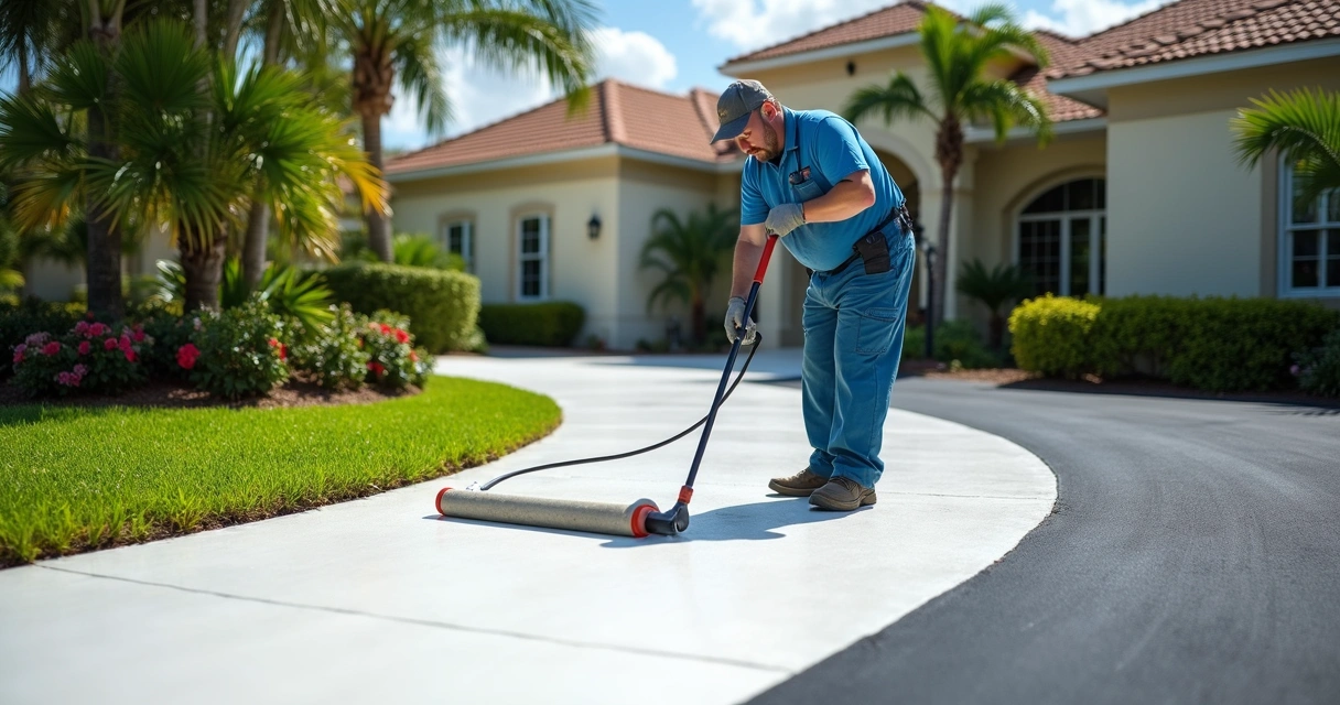 Worker applying light-colored reflective coating on blacktop driveway 