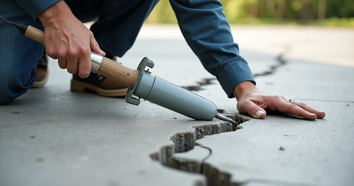 Close-up photo of concrete driveway crack repair with sealant 