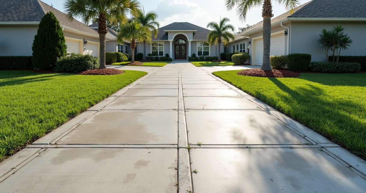 Concrete driveway with visible drainage slope and marked grading lines under bright daylight in a Florida residential neighborhood 