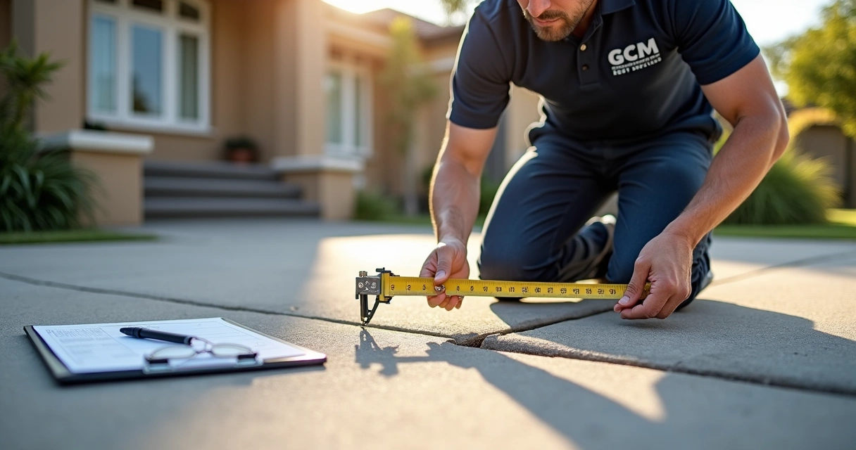 Inspector measuring width of driveway joint during summer afternoon 