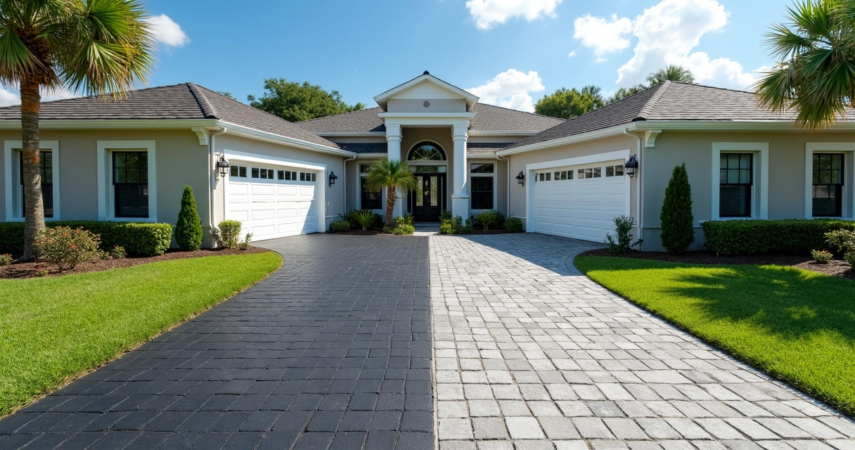 Paver driveway next to blacktop driveway, Florida suburb 