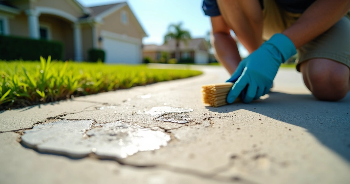 Homeowner inspecting minor surface spalling on a concrete driveway