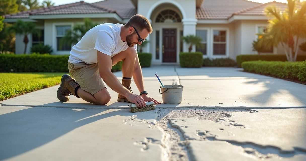 Homeowner inspecting minor surface spalling on a concrete driveway in Orlando 