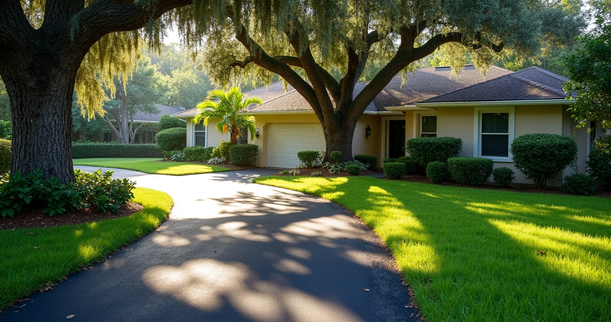 Tree shade over residential driveway in Florida suburb 