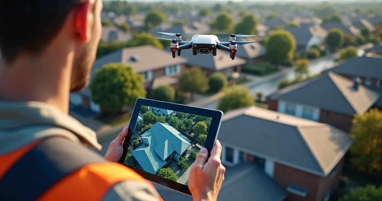 Drone capturing high-resolution image of residential roofs 
