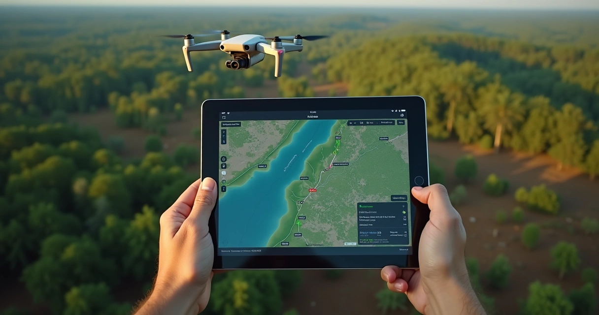 Drone sobrevoando área de desmatamento com mapa na tela 