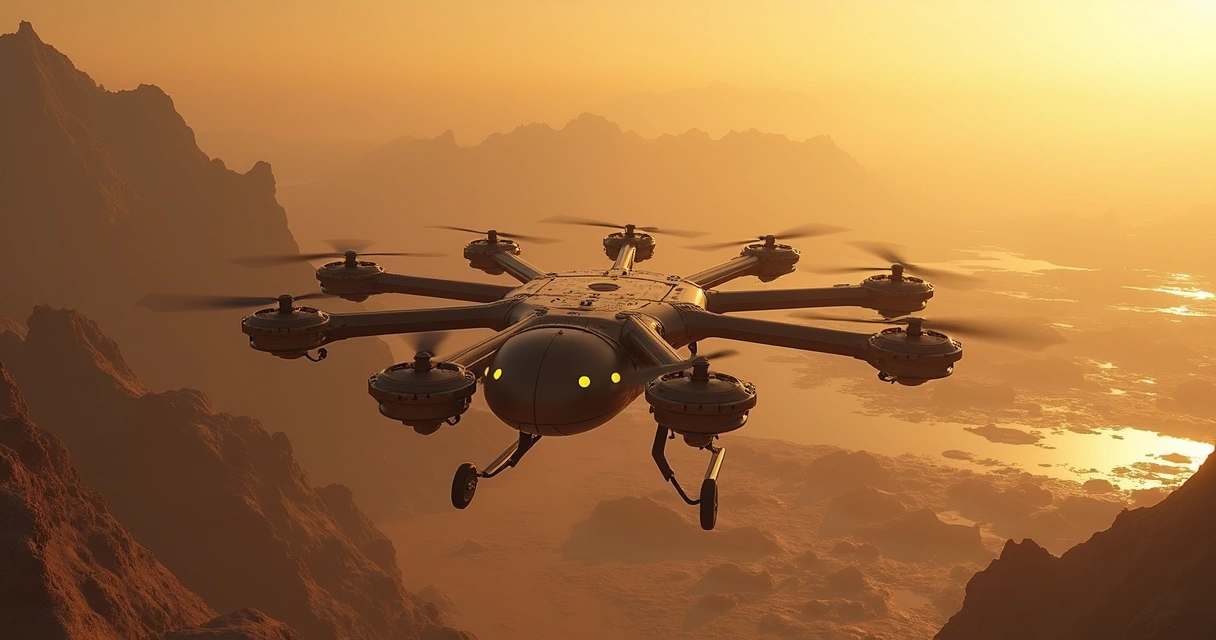 Drone Dragonfly sobre a superfície escura de Titã, com hélices girando no céu amarelado. 