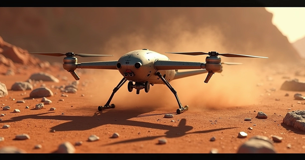 Drone Dragonfly pousando em solo gelado de Titã. 