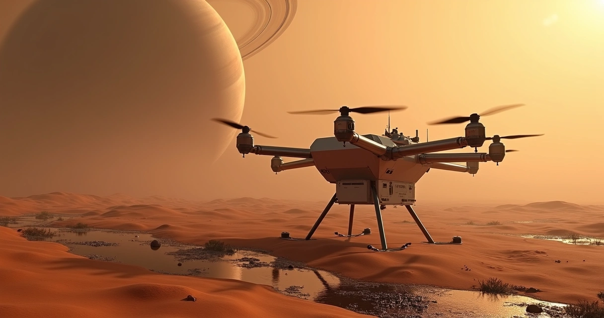Drone Dragonfly voando sobre a superfície alaranjada de Titã com Saturno ao fundo 