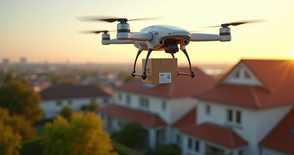 Drone fazendo entrega em bairro residencial