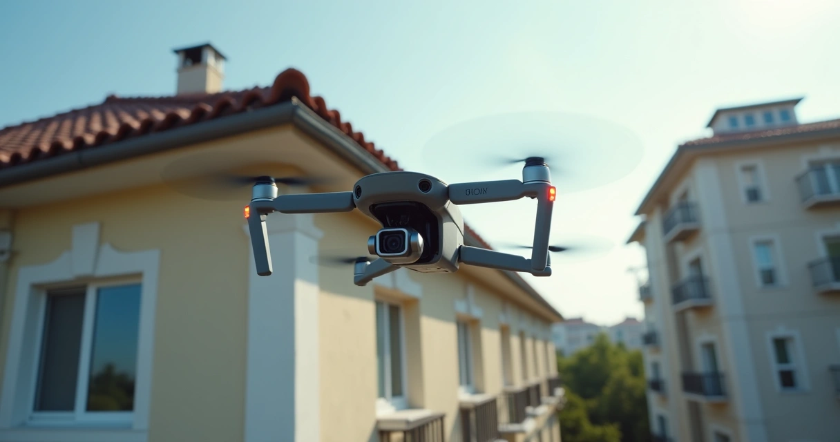 Drone registrando fachada e cobertura de prédio
