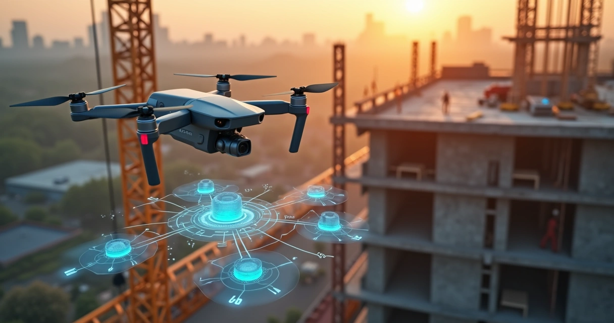 Drone inspecionando obra com sobreposição de interface de IA em tela flutuante 