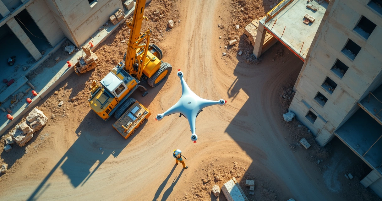 Drone inspecionando canteiro de obras 