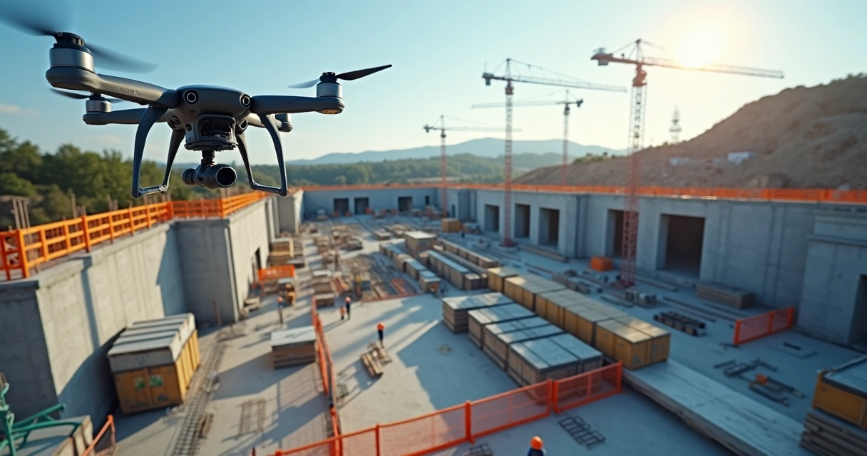 Drone sobrevoando canteiro com estruturas e equipe técnica