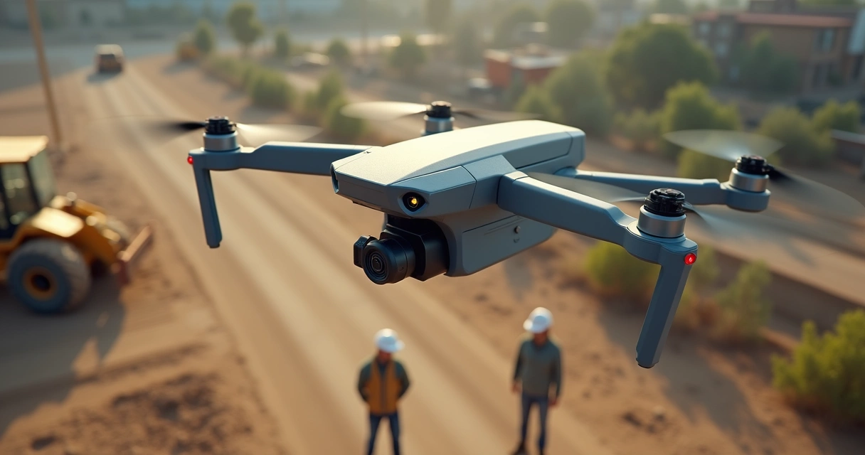 Drone voando sobre área de topografia com sensor LIDAR e vegetação baixa ao fundo