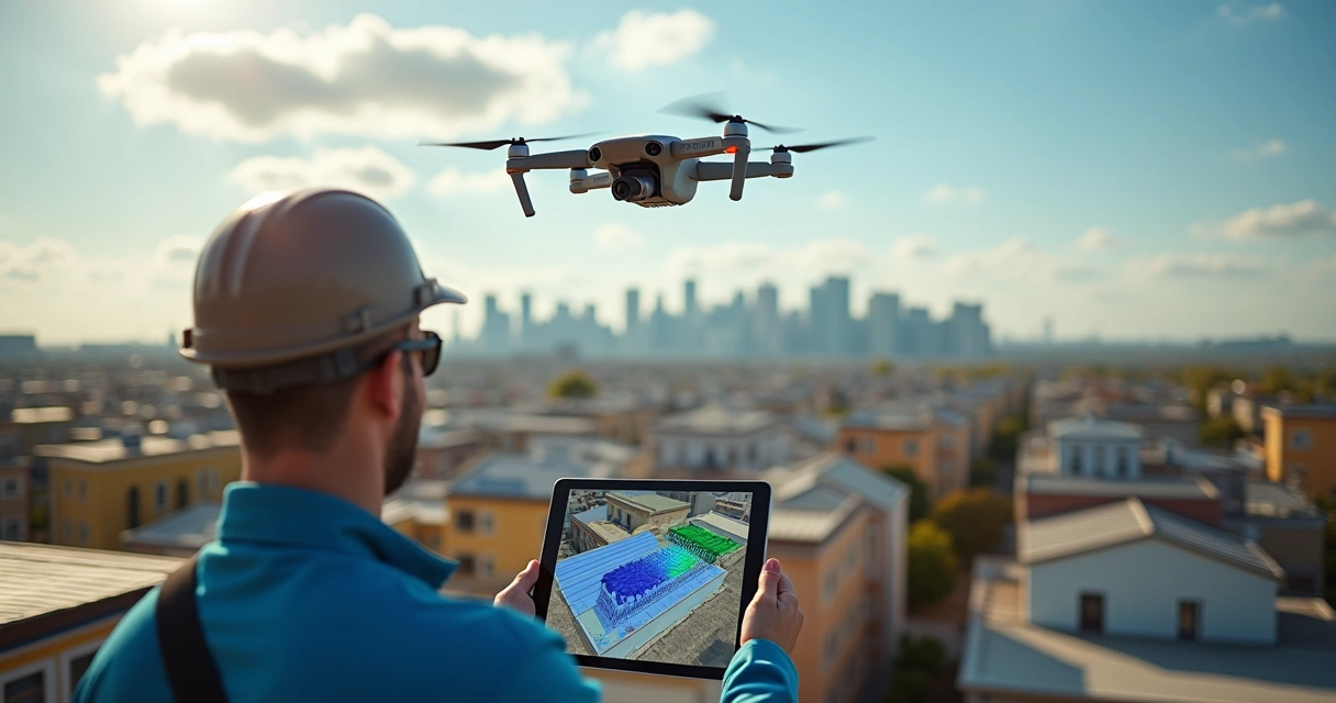 Drone realizando modelagem 3D em telhado de edifício 