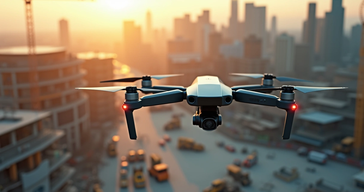 Drone sobrevoando construção civil capturando imagens 