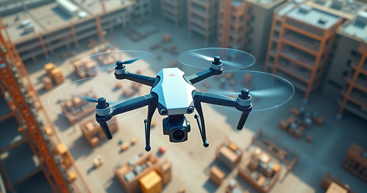 Drone sobrevoando canteiro de obras com câmera IA 