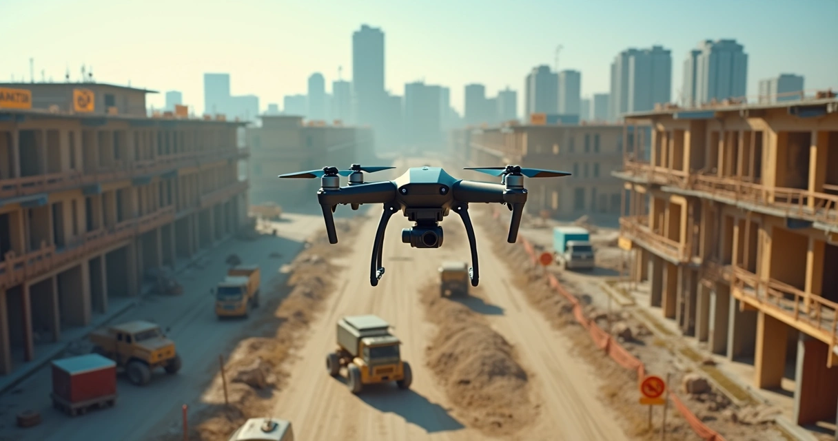 Drone voando sobre canteiro de obras monitorando construção civil. 