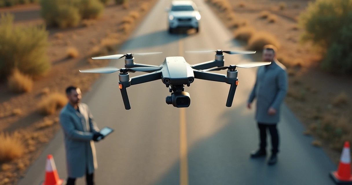 Drone sobrevoando área periciada com equipe técnica no solo 