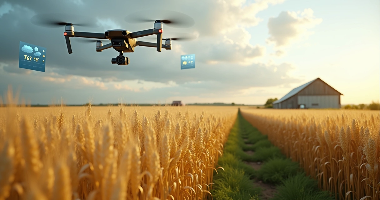 Drone sobrevoando plantação de grãos com sensores e painéis de dados climáticos