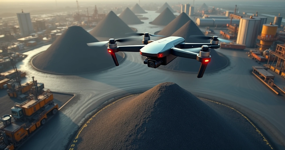 Drone voando sobre pilhas de minério em pátio industrial 