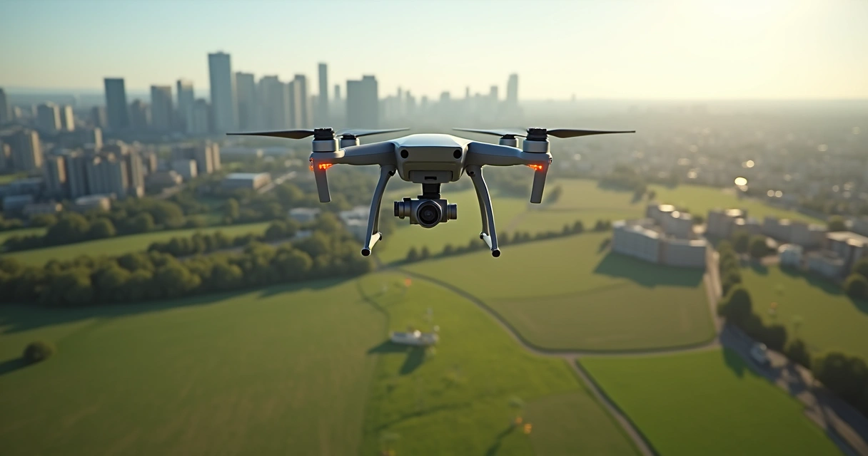 Drone sobrevoando área urbana e campo com sensores e pontos de controle 