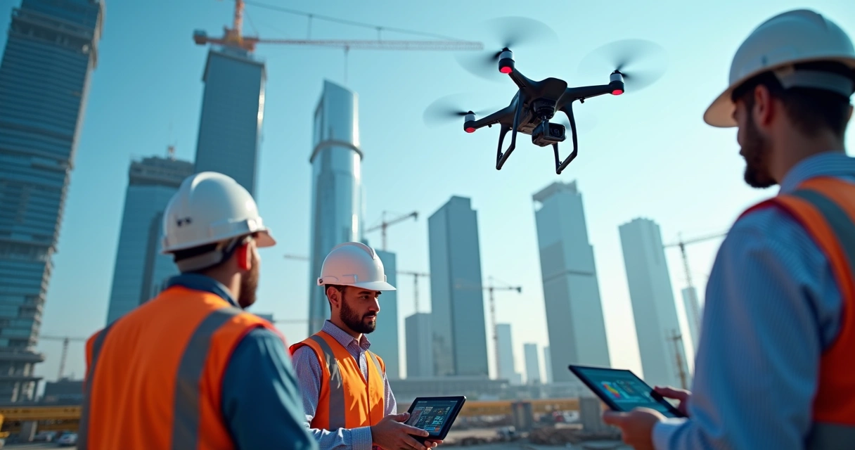 Drone fazendo inspeção em obra com tecnologia avançada 