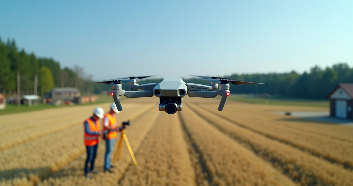 Drone voando sobre terreno com árvores e topógrafos em campo 