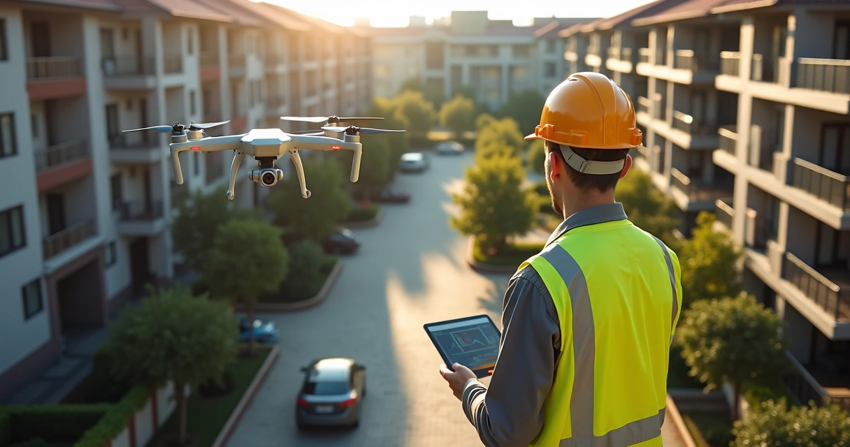 Drone sobrevoando área comum entre edifícios 