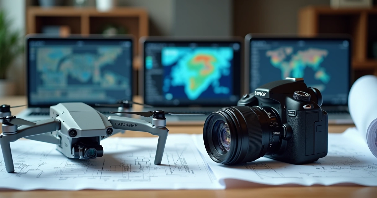 Drone e câmera DSLR lado a lado destacados em uma bancada 