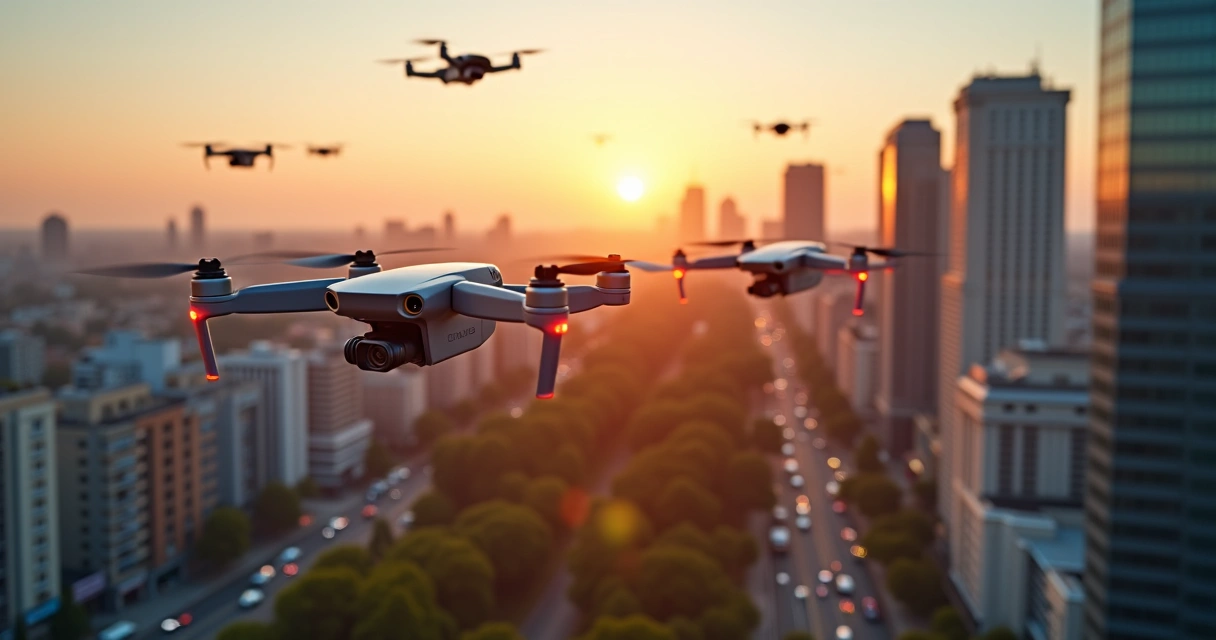 Vários drones voando sobre uma paisagem urbana ao entardecer 
