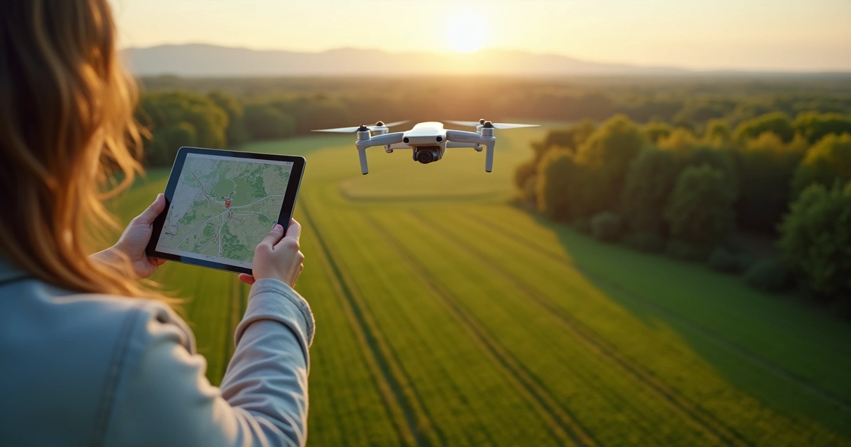 Drone voando sobre fazenda com tablet mostrando mapeamento digital 
