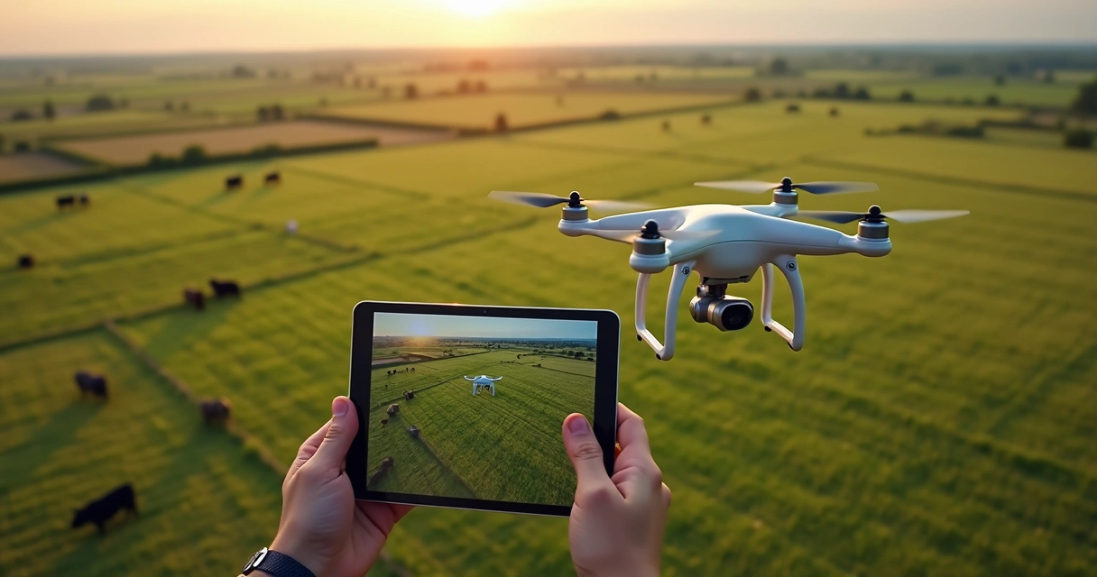 Drone sobrevoando fazenda monitorando pastagem de gado 