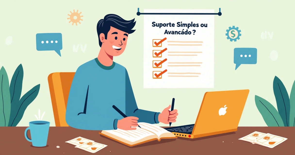 Dropshipper usando notebook, cheio de anotações analisando opções de suporte 