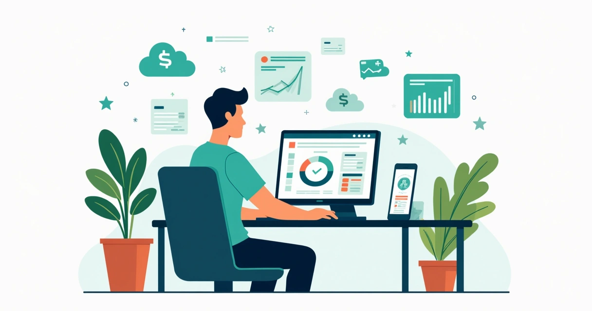 Empreendedor digital controlando vendas e finanças por múltiplos dispositivos 