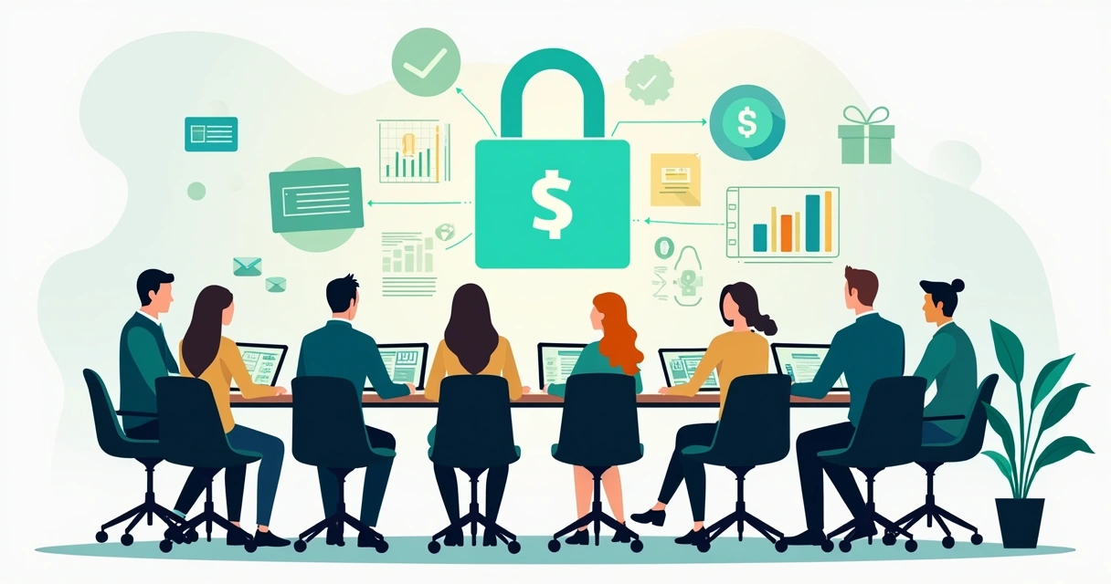 Equipe gerenciando vendas online com gráficos e cadeados digitais 