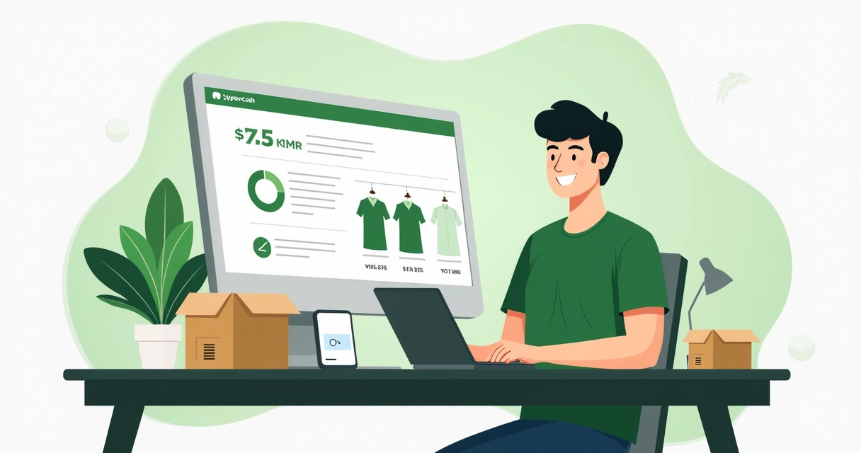 Ilustração de um dropshipper feliz usando o painel HyperCash 
