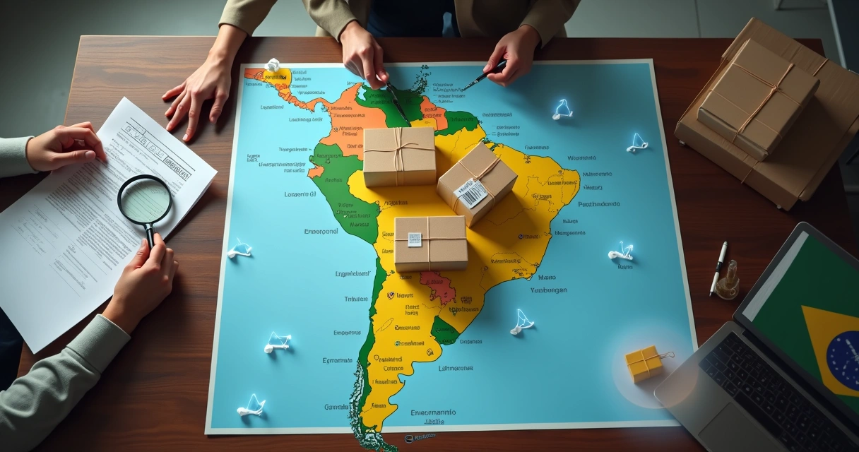 Produto chegando em caixa destacada em mapa do Brasil com ícones de regras legais 
