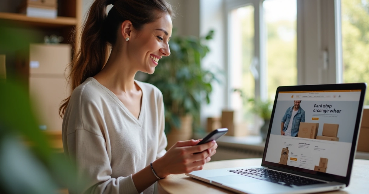 Notebook com loja virtual aberta e caixas de produtos ao fundo