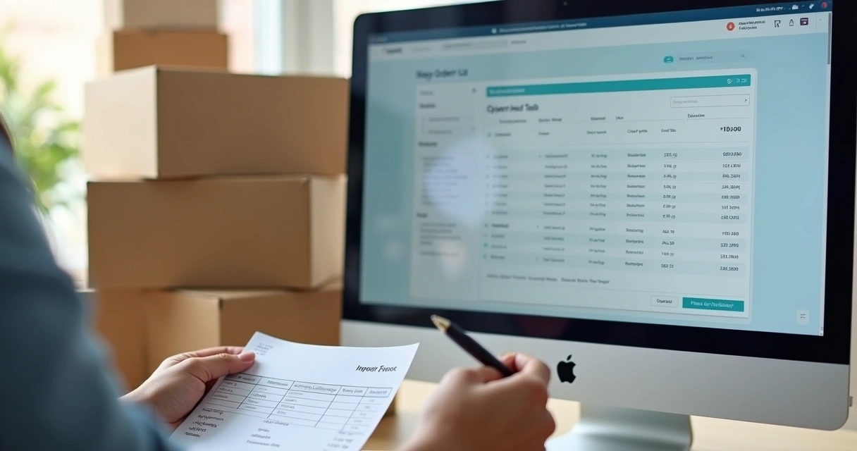 Tela de loja virtual e caixas prontas para envio
