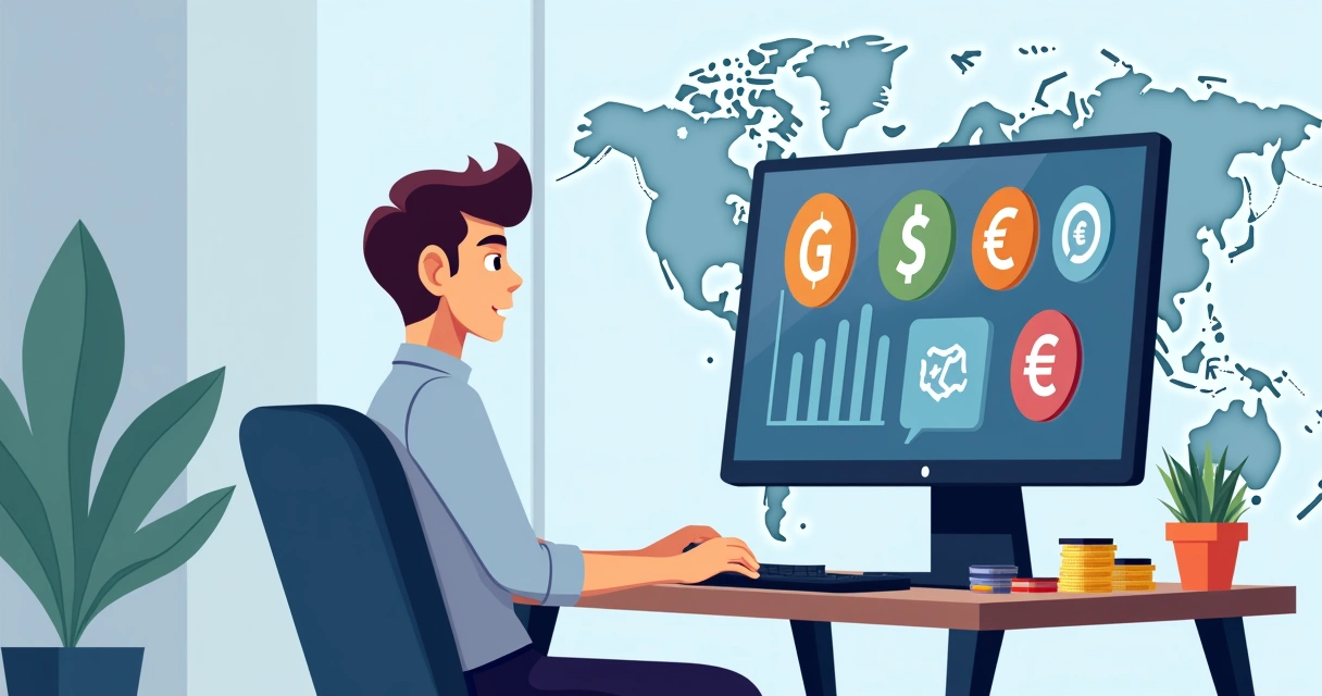 Gestor de dropshipping analisando diferentes moedas e tela de computador 