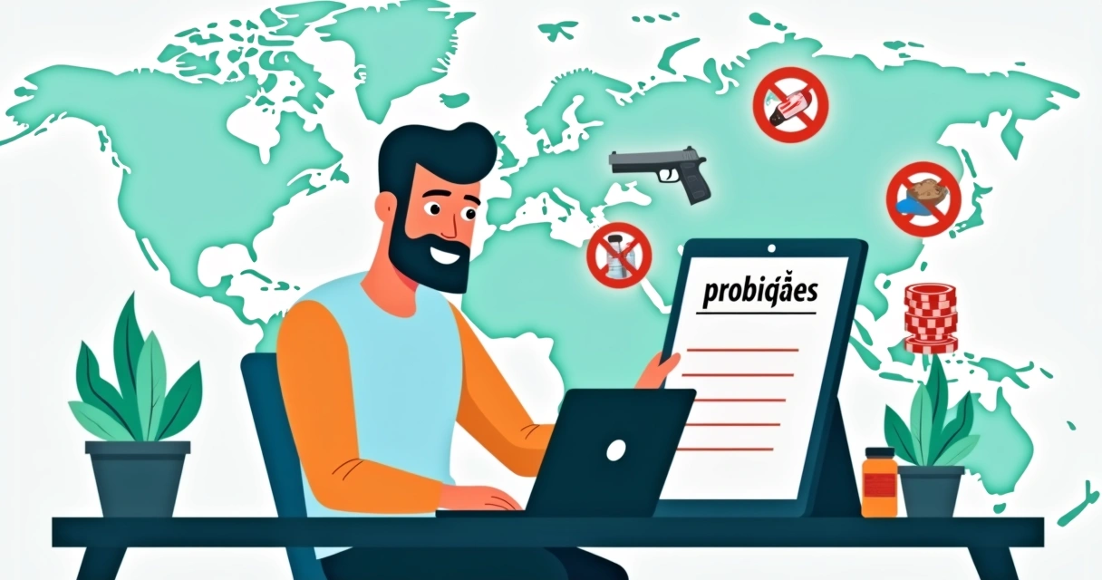 Pessoa analisando produtos de dropshipping com lista de proibições digital ao lado 