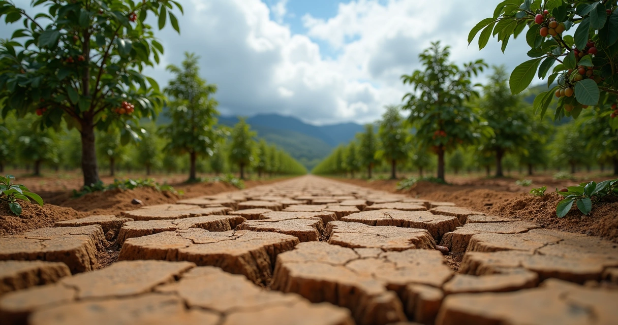 Visible drought stress on coffee farm soil with arid cracked ground near trees