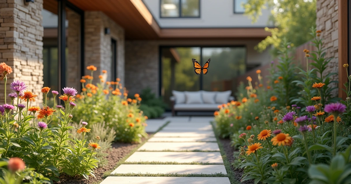 Urban garden with drought-resistant native plants and butterfly 