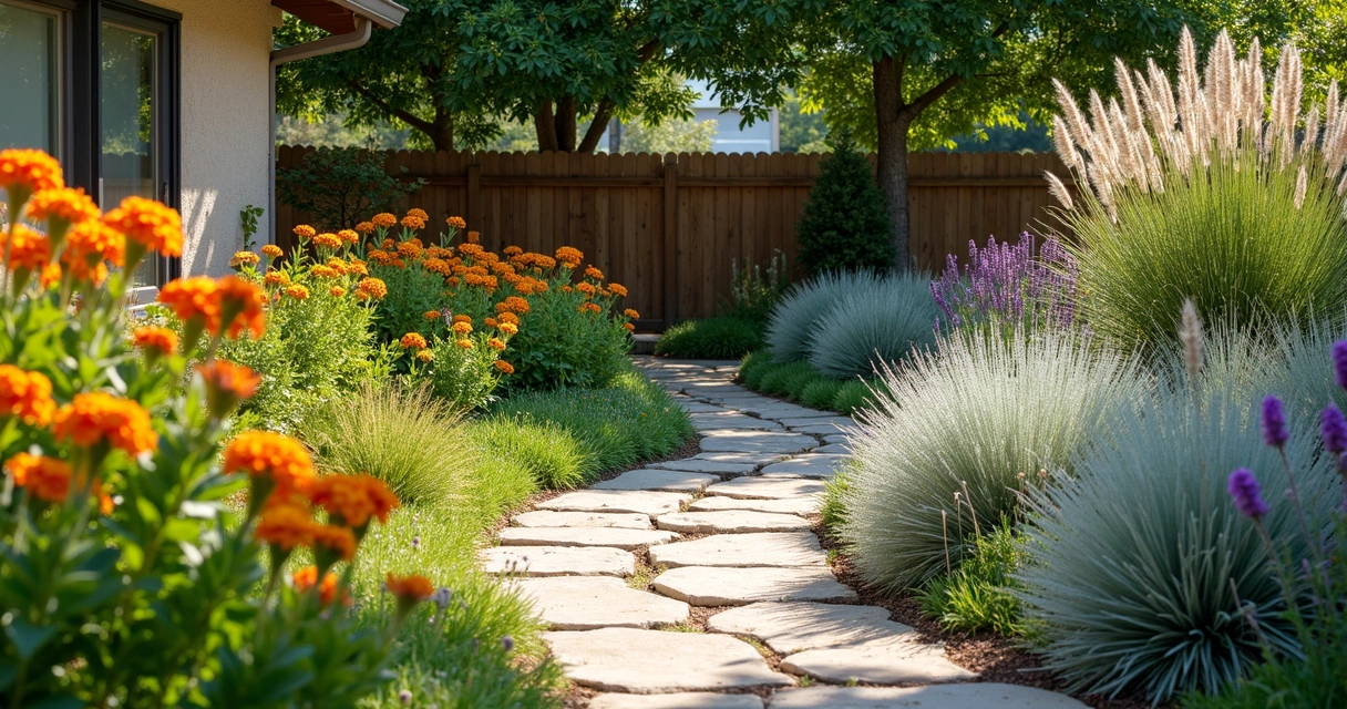 Rows of drought-tolerant Texas native plants and flowers in a backyard 